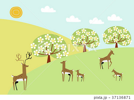 春の風景 鹿と春の野山 季節のイメージ のイラスト素材