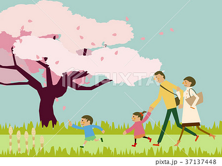 満開の桜とハイキング中の家族 春のイメージ のイラスト素材