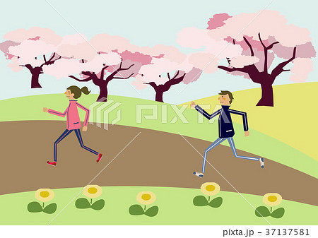 マラソンする人。春の風景。スポーツのイラスト。 マラソンする人。春の風景。スポーツのイラスト。 37137581