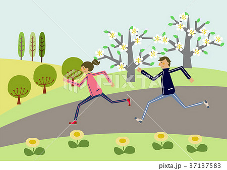 マラソンする人 春の風景 スポーツのイラスト のイラスト素材