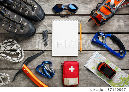 Top view of tourist equipment for a mountain trip 37140047