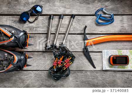 Top view of tourist equipment for a mountain trip Top view of tourist equipment for a mountain trip 37140085