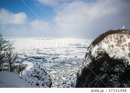 知床半島　ウトロ崎灯台と流氷 37141498
