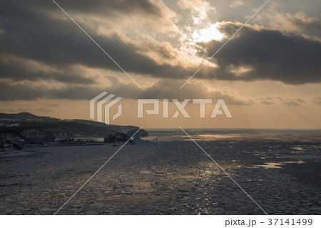 知床半島　流氷とウトロ港の夕景 37141499