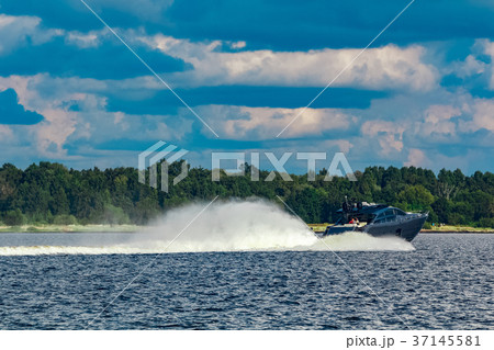 Grey motor yacht in move 37145581