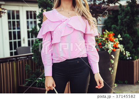 Casual style summer female outfit with pink tshirt 37145582