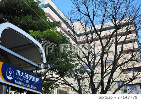 横浜金沢産業団地　市大医学部駅の駅名標と横浜市立大学附属病院 37147779