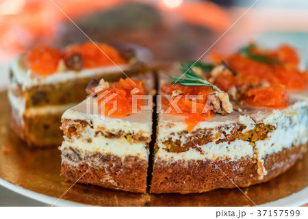 Freshly decorated organic carrot cake 37157599
