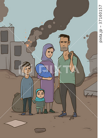 Family of refugees with two children on destroyed 37160157