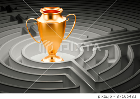 Gold trophy cup award inside labyrinth maze Gold trophy cup award inside labyrinth maze 37165433