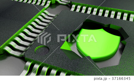 Cracked open CPU reveals a green shield symbol  37166345