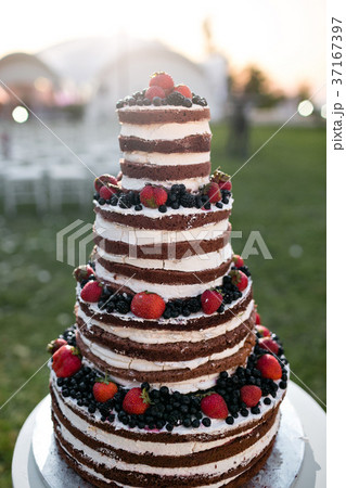 Round multi tiered wedding cake with sponge, cream 37167397