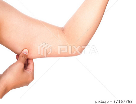 Closeup woman hand checking upper arm on white 37167768