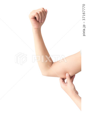 Closeup woman hand checking upper arm on white Closeup woman hand checking upper arm on white 37167770