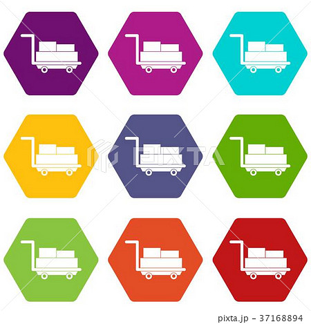Cart with luggage icon set color hexahedron Cart with luggage icon set color hexahedron 37168894