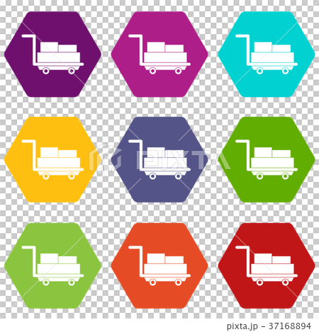 Cart with luggage icon set color hexahedron Cart with luggage icon set color hexahedron 37168894