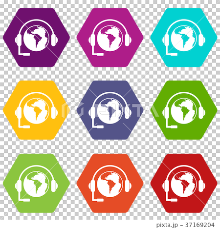 World planet and headset icon set color hexahedron 37169204