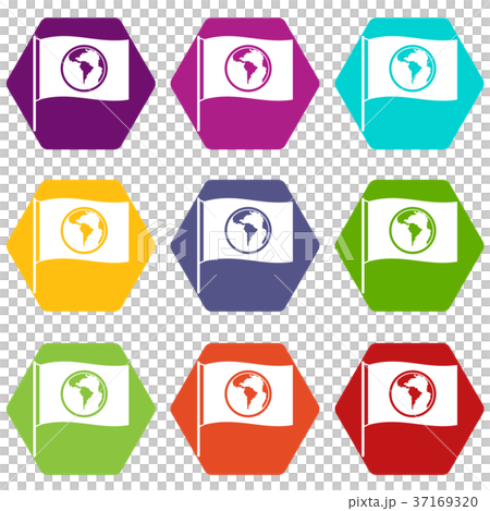 Flag with world planet icon set color hexahedron 37169320