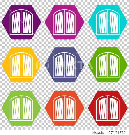 White window arched frame icon set color... - Stock Illustration ...