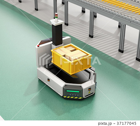 工場に部品箱を運んでいるフォークリフト型無人搬送車AGV。スマート工場のコンセプト 工場に部品箱を運んでいるフォークリフト型無人搬送車AGV。スマート工場のコンセプト 37177045