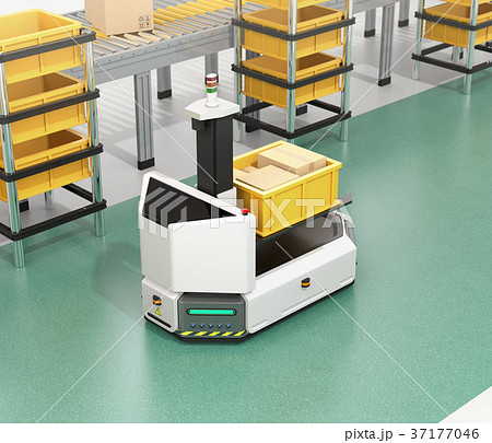 工場に部品箱を運んでいるフォークリフト型無人搬送車AGV。スマート工場のコンセプト 工場に部品箱を運んでいるフォークリフト型無人搬送車AGV。スマート工場のコンセプト 37177046