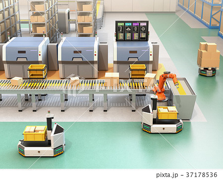 ラインから流れてきた荷物がロボットアームで無人搬送車agvに運んでいる スマート工場コンセプトのイラスト素材