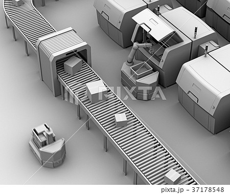 無人搬送車AGVがロボットアームで3Dプリンタから成型済の部品を取り出すグレイシェーディングイメージ 無人搬送車AGVがロボットアームで3Dプリンタから成型済の部品を取り出すグレイシェーディングイメージ 37178548