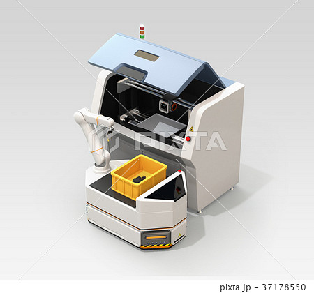無人搬送車AGVがロボットアームで3Dプリンタから成型済の部品を取り出すイメージ 無人搬送車AGVがロボットアームで3Dプリンタから成型済の部品を取り出すイメージ 37178550