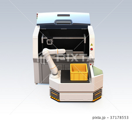 無人搬送車AGVがロボットアームで3Dプリンタから成型済の部品を取り出すイメージ 37178553