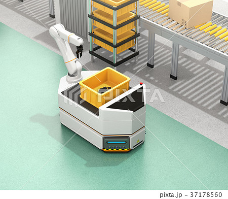 ベルトコンベアの横に走行しているロボットアーム付きの無人搬送車のイメージ スマート工場のコンセプトのイラスト素材