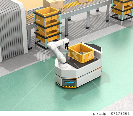 ベルトコンベアの横に走行しているロボットアーム付きの無人搬送車のイメージ スマート工場のコンセプトのイラスト素材