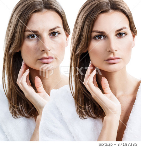Young woman in bathrobe before and after makeup. 37187335