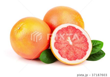 grapefruit and half with leaves isolated on white grapefruit and half with leaves isolated on white 37187603