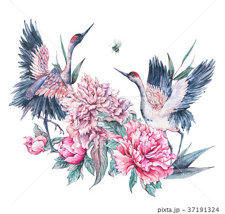 Watercolor nature card with crane and pink peonies 37191324