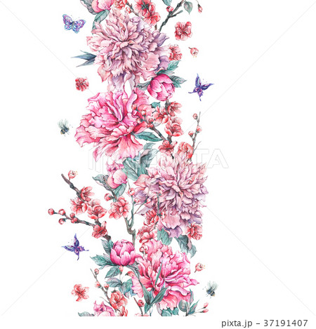 Watercolor seamless border with blooming cherry 37191407
