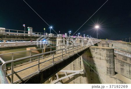 construction of Spillway Dam gate on night construction of Spillway Dam gate on night 37192269
