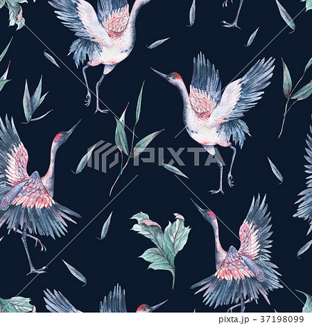 Watercolor seamless pattern with crane 37198099