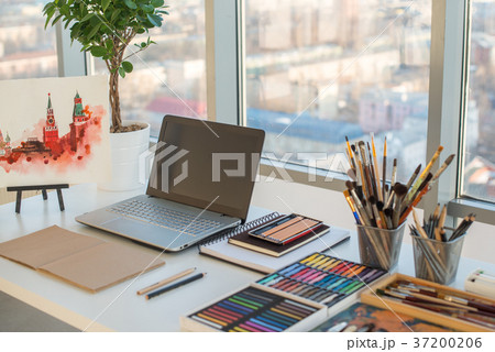 Painter workplace in order side view. Designer 37200206