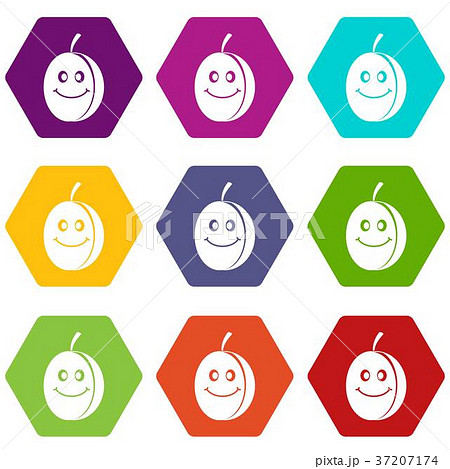 Fresh smiling plum icon set color hexahedron Fresh smiling plum icon set color hexahedron 37207174