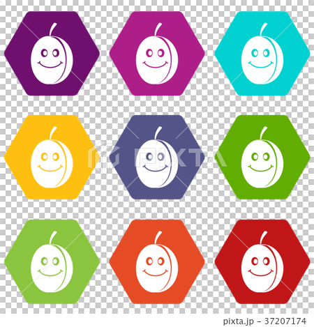 Fresh smiling plum icon set color hexahedron Fresh smiling plum icon set color hexahedron 37207174