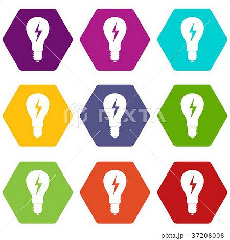 Light bulb with lightning inside icon set color hexahedron Light bulb with lightning inside icon set color hexahedron 37208008