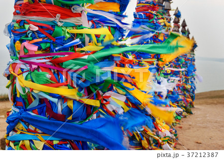Wooden ritual pillars with colorful ribbons Hadak Wooden ritual pillars with colorful ribbons Hadak 37212387