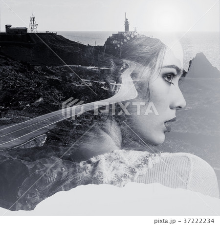 Double exposure. Portrait of woman combined with a mountain road 37222234