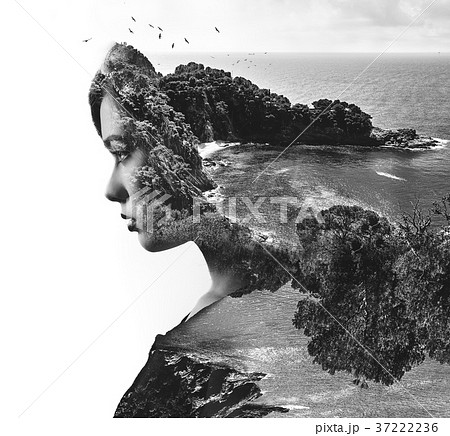 Double exposure. Portrait of a woman combined with a rocky coast 37222236