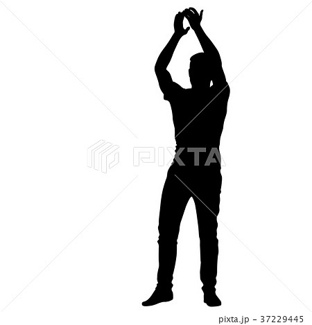 Silhouette of People with a raised hand on White 37229445