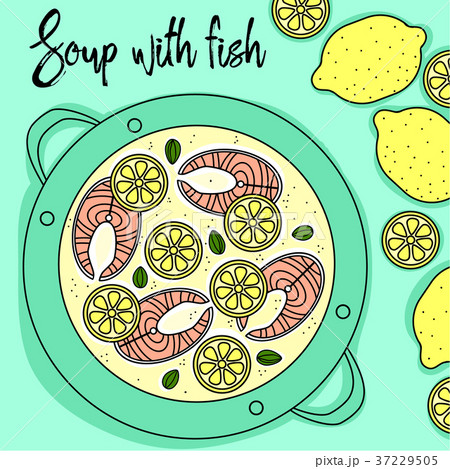 Soup with fish and lemon hand draw Soup with fish and lemon hand draw 37229505
