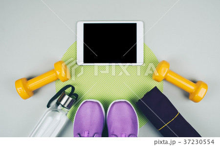 Creative flat lay of sport and fitness equipments Creative flat lay of sport and fitness equipments 37230554