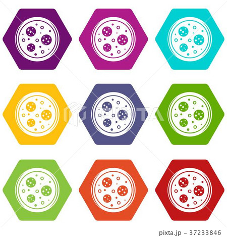 Tasty pizza with sausage and olives icon set color hexahedron Tasty pizza with sausage and olives icon set color hexahedron 37233846