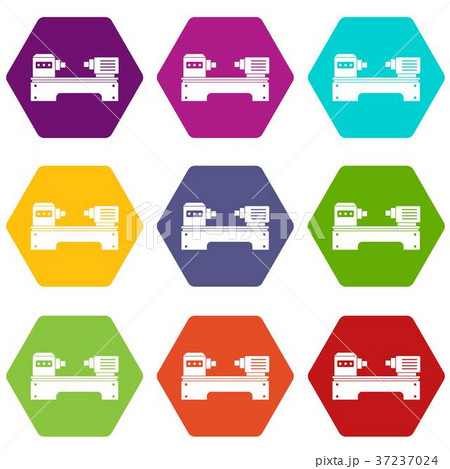 Lathe machine icon set color hexahedron 37237024