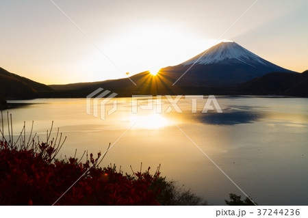 富士山 日の出 本栖湖 の写真素材